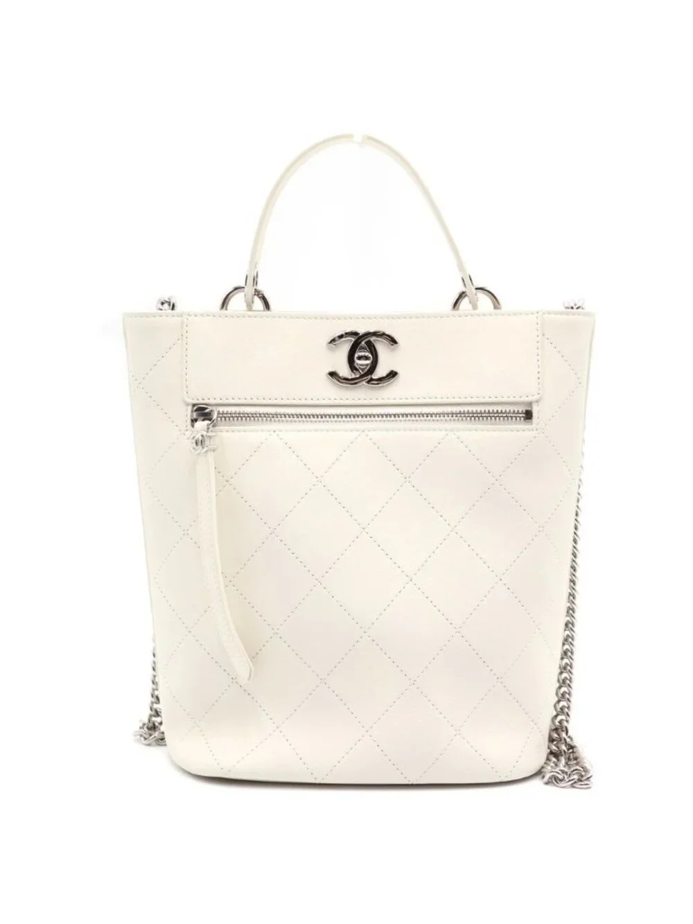 Chanel Quilted CC Logo Leather Bucket Bag 2-Way White 27